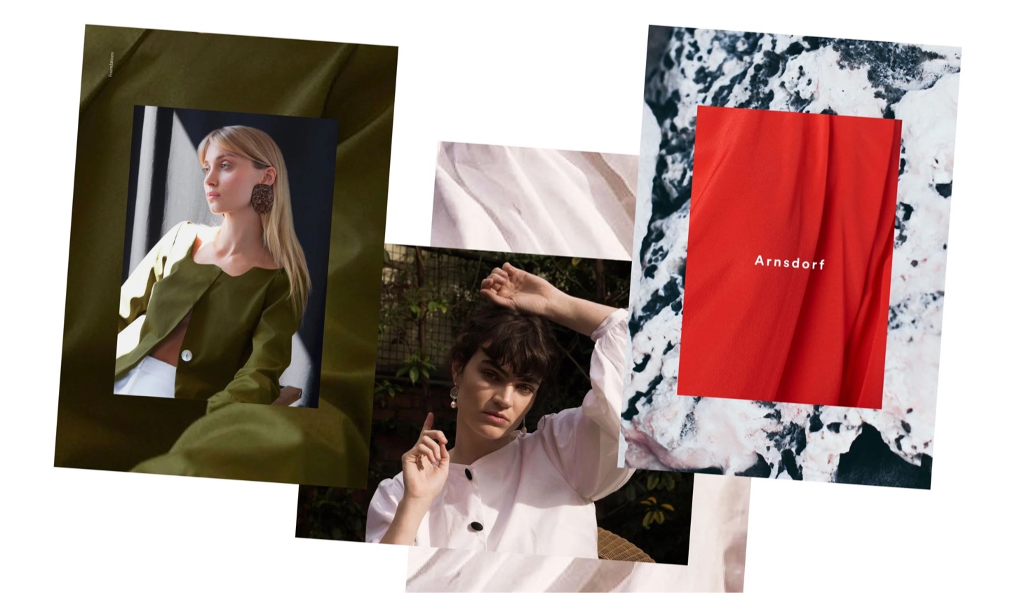 Three Arnsdorf brand cards: a model in olive, a model in a white shirt, and the red Arnsdorf logo card on marbled texture