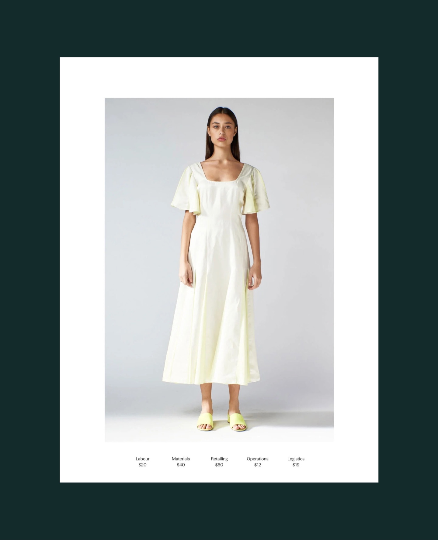 Model in a cream Arnsdorf dress above a cost breakdown: labour $20, materials $40, retailing $50, operations, logistics