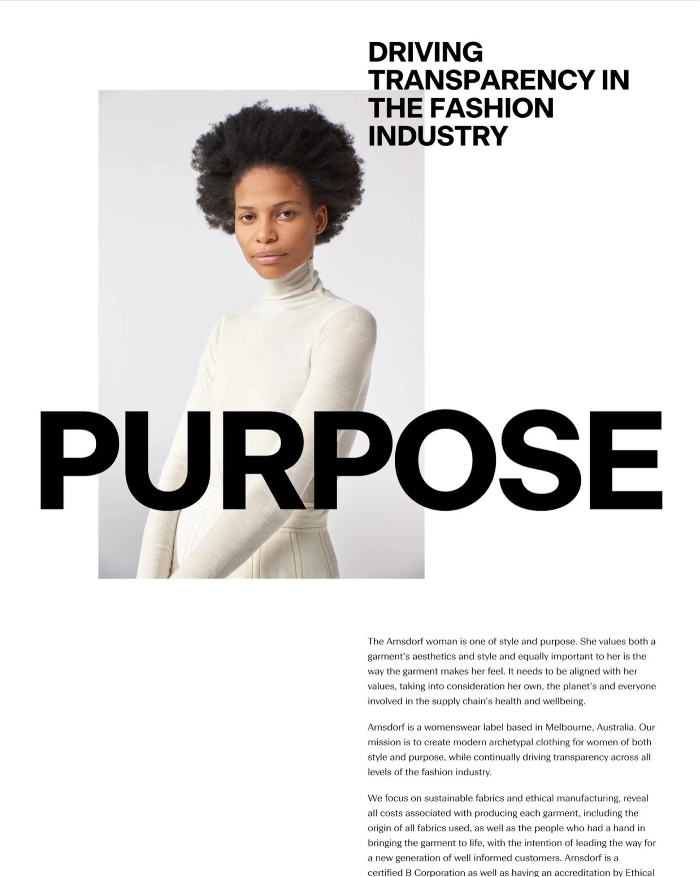 Arnsdorf brand page: the word Purpose over a model in cream knitwear, headlined Driving transparency in the fashion industry