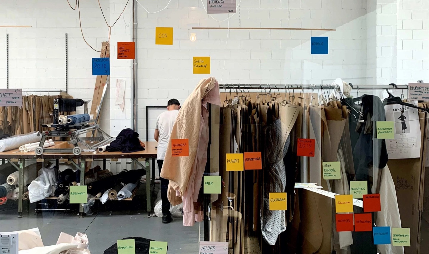 Arnsdorf studio workroom with garment racks, fabric rolls and colourful sticky notes of brand values