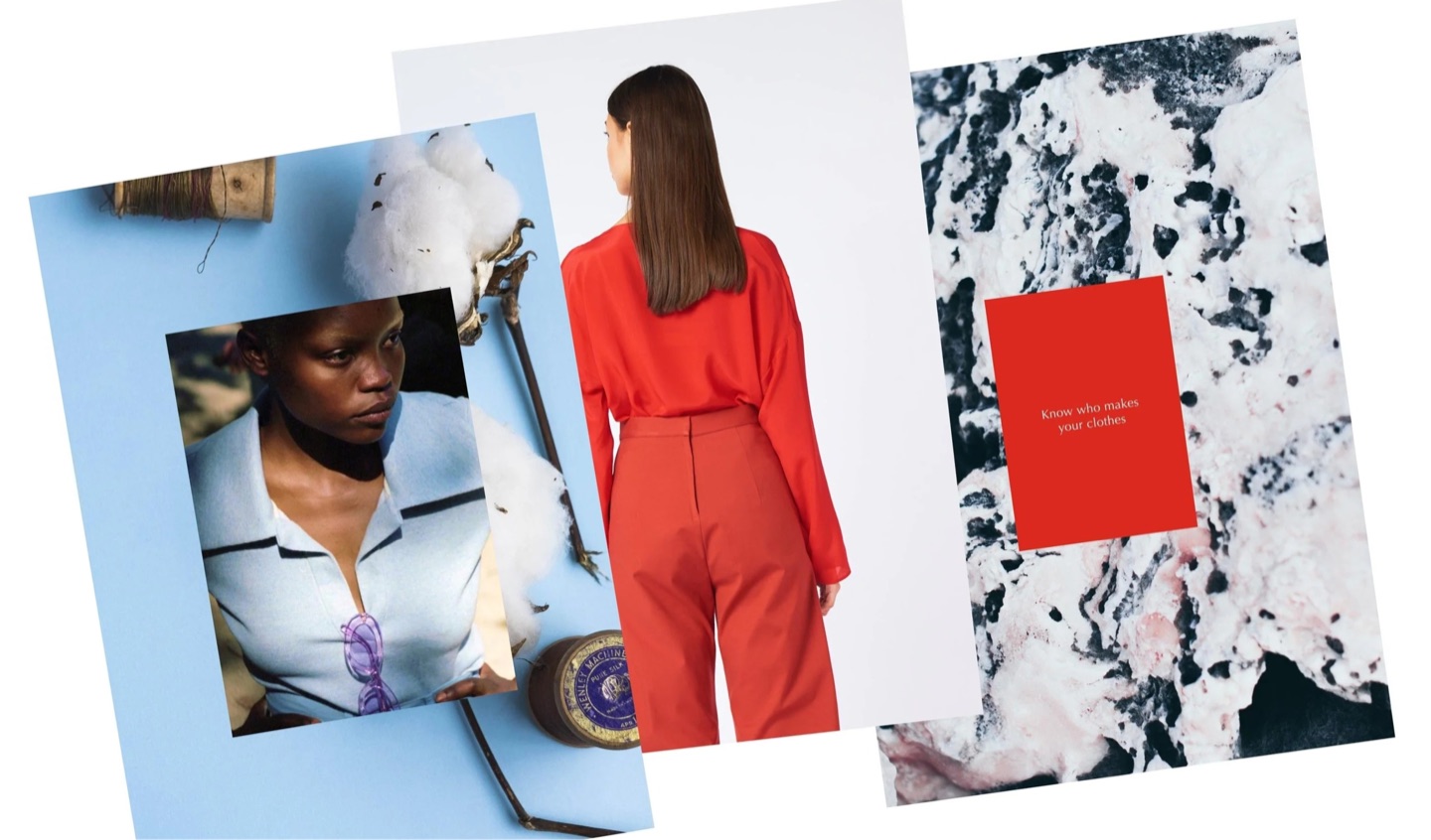 Three Arnsdorf brand cards: a model with cotton and thread, a model in red, and Know who makes your clothes
