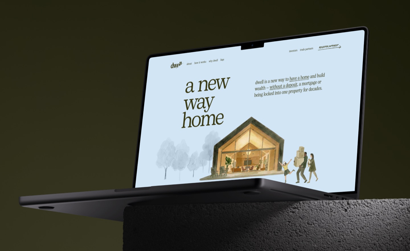 Laptop showing the Dwell website: a new way home, with a watercolour house and a family carrying moving boxes