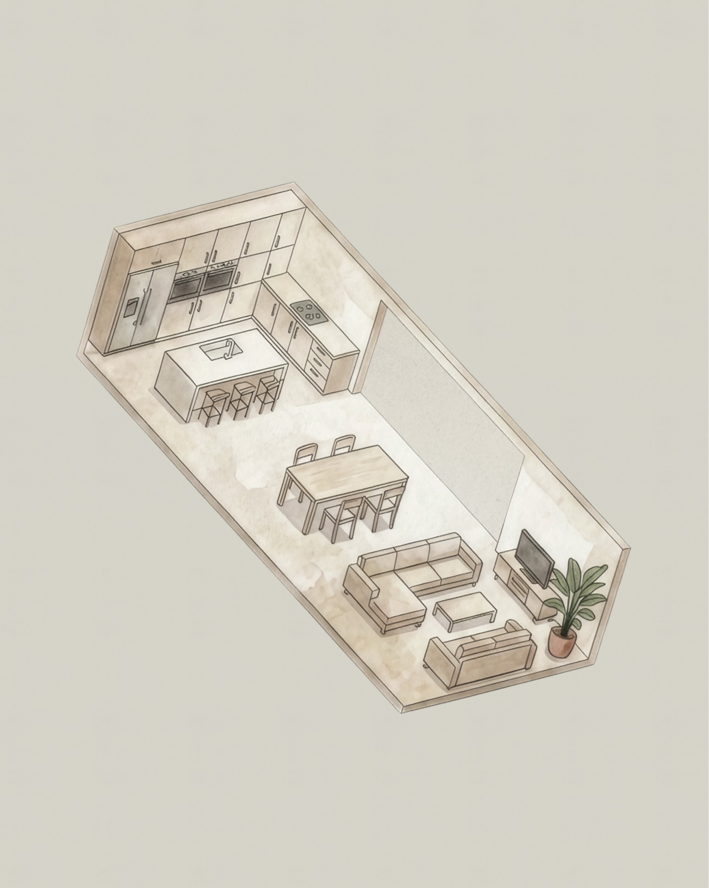 Dwell watercolour illustration of an open-plan home from above: kitchen, dining table and living room