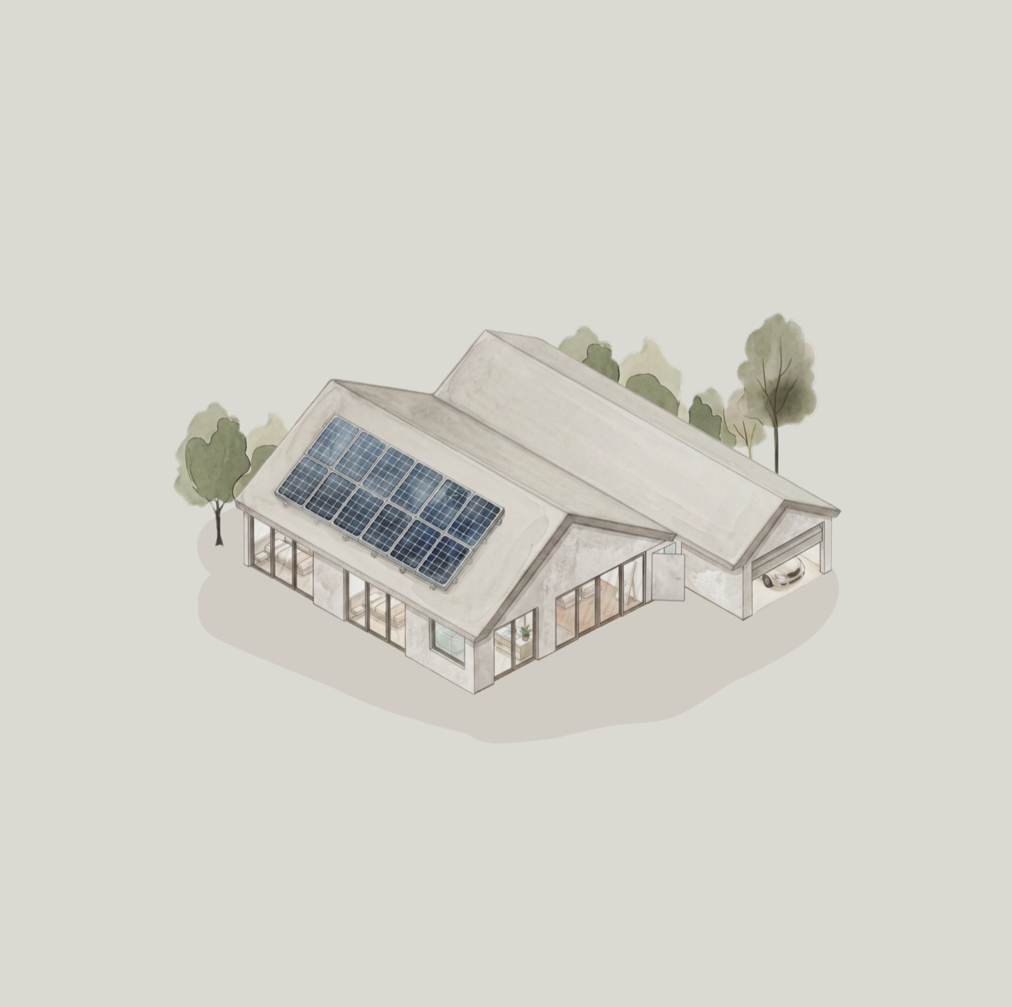 Dwell watercolour illustration of a home with rooftop solar panels, a garage and trees