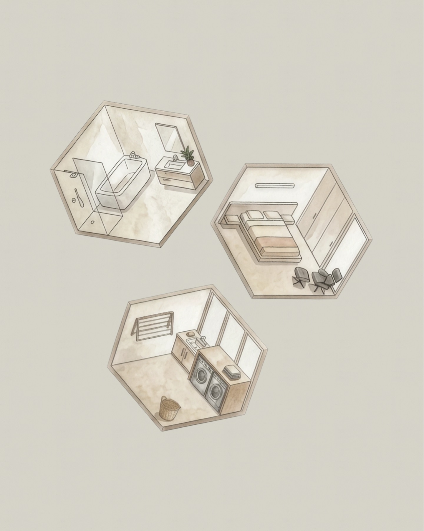 Dwell watercolour illustrations of a bathroom, bedroom and laundry in three hexagons