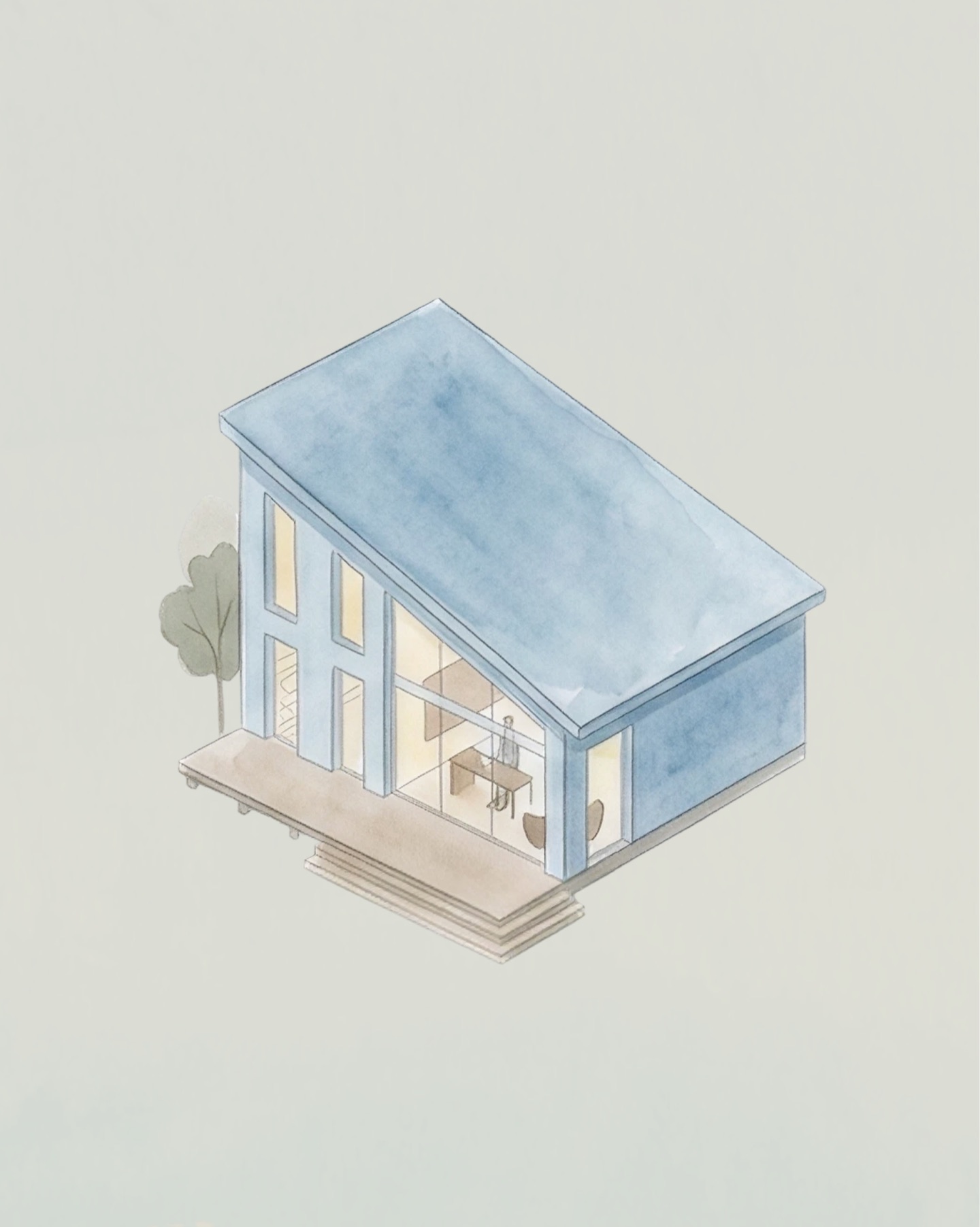 Dwell watercolour illustration of a blue skillion-roof home with a person working inside