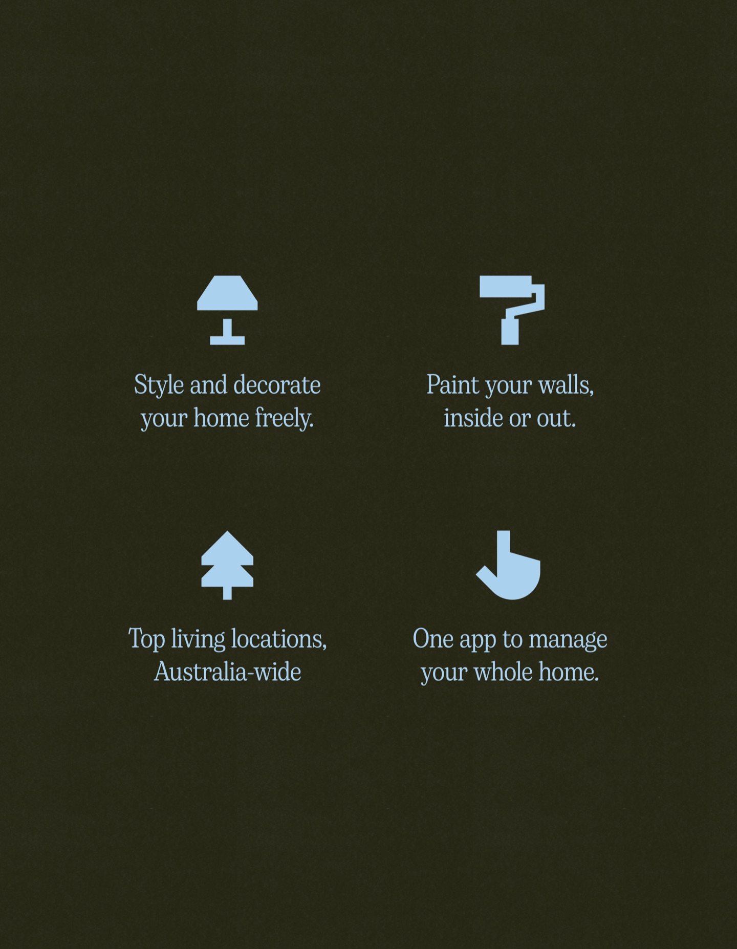 Dwell icons and benefits: style and decorate freely, paint your walls, top locations, one app to manage your home