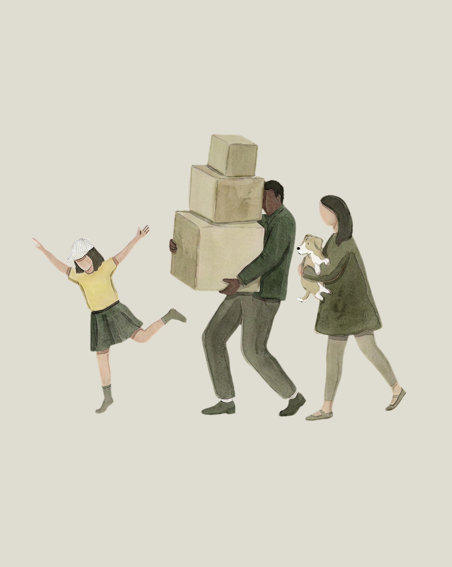 Dwell watercolour illustration of a family moving in, carrying boxes and a puppy, a child dancing ahead