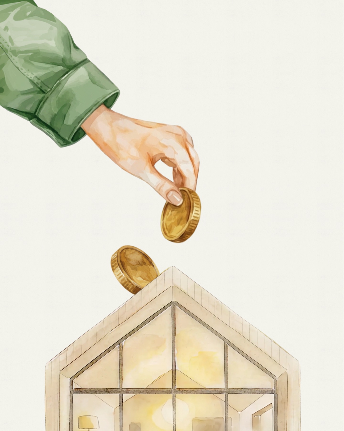 Dwell watercolour illustration of a hand dropping coins into a house-shaped money box