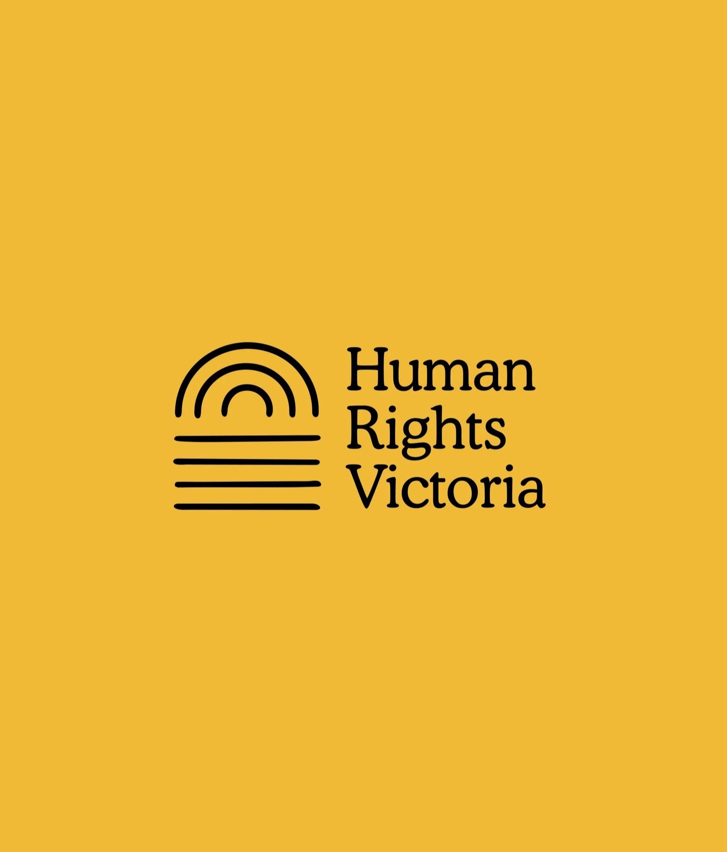Human Rights Victoria logo in black on yellow: a rising-sun arc over horizontal lines beside the name