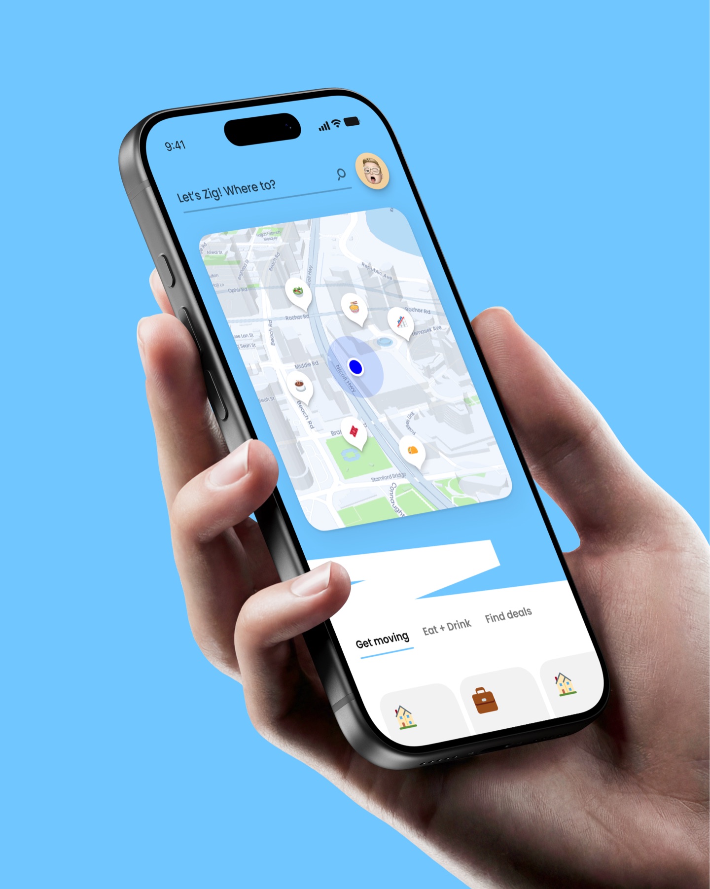 Zig: hand holding a phone with the app home screen, Let's Zig! Where to?, and a map of nearby places