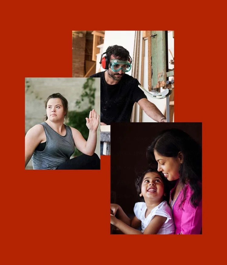 Three Human Rights Victoria photos on red: a woman with a raised hand, a carpenter in goggles, a mother and daughter