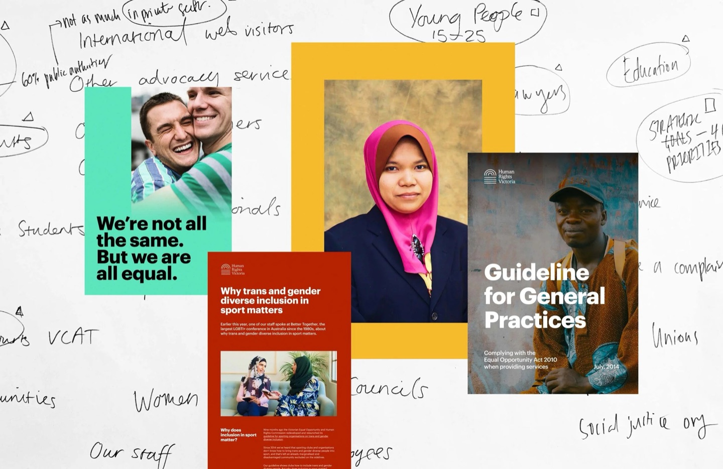Human Rights Victoria posters and guides over workshop notes, including We're not all the same. But we are all equal.