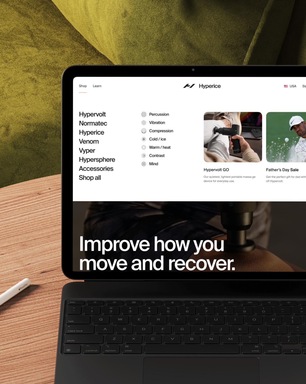 Tablet showing the Hyperice website menu and hero: Improve how you move and recover