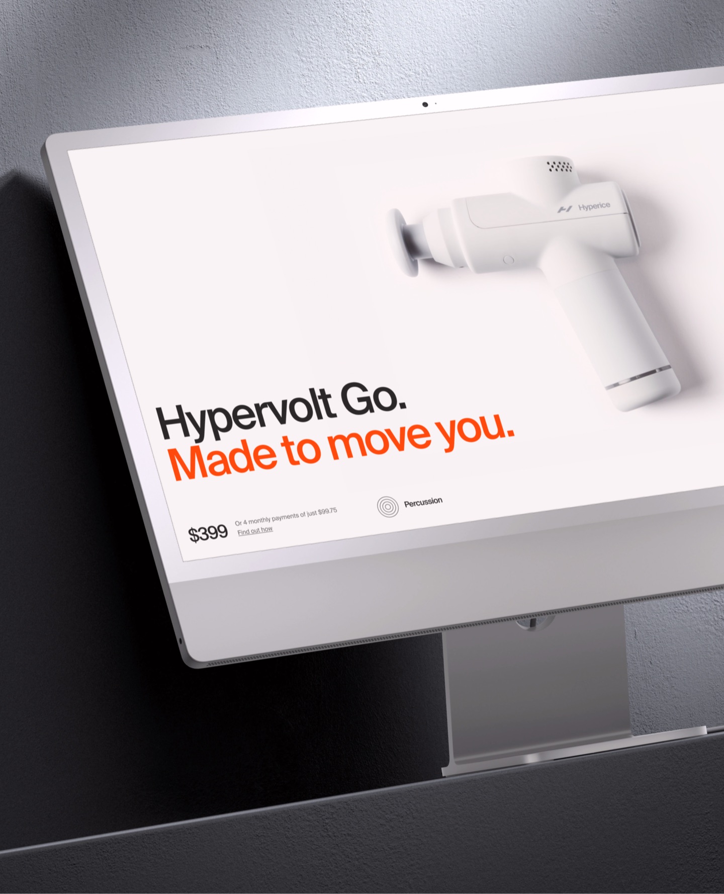 Desktop screen showing a white Hypervolt Go massage gun: Hypervolt Go. Made to move you., $399