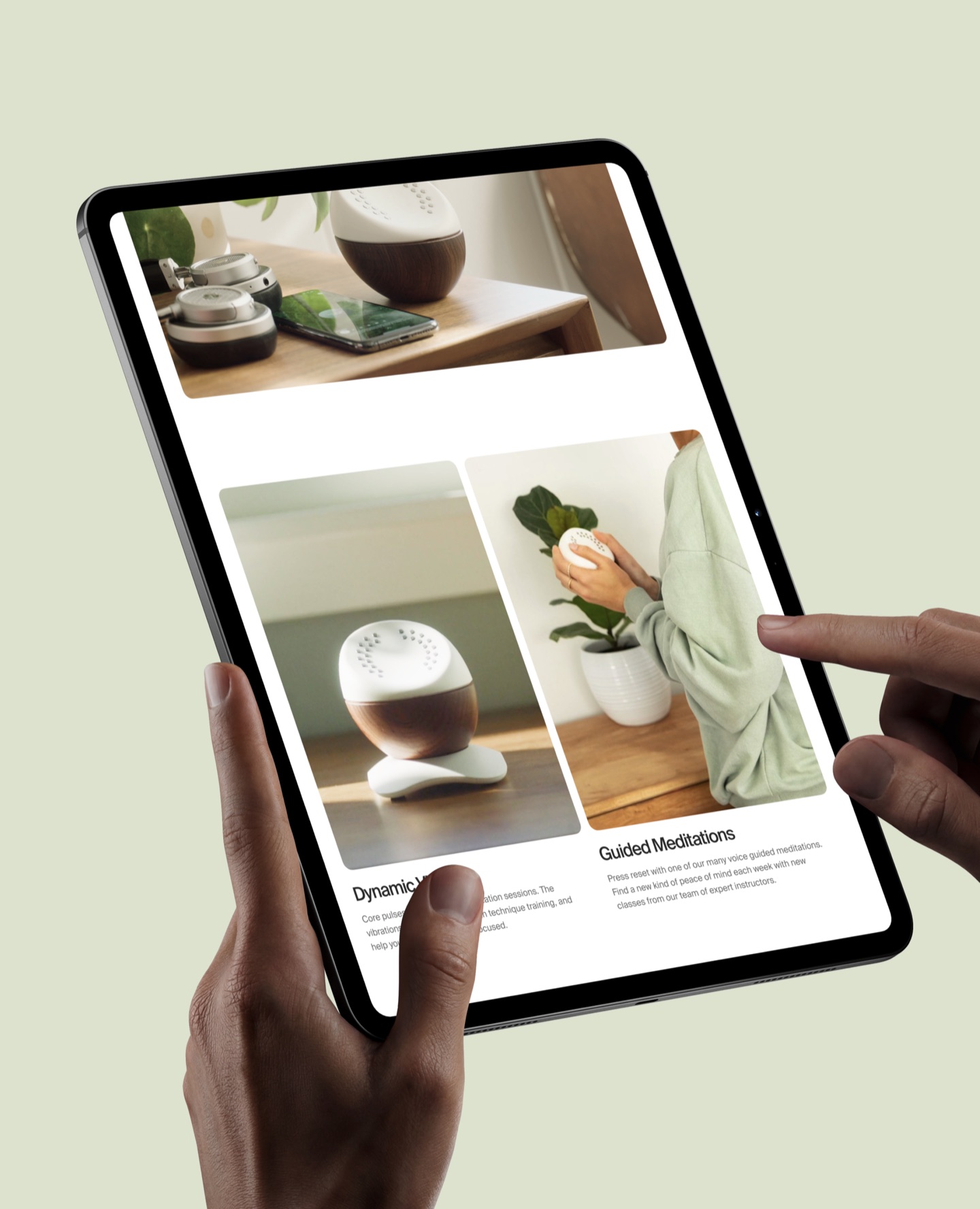 Hands holding a tablet with Hyperice Core meditation pages: the Core device and Guided Meditations