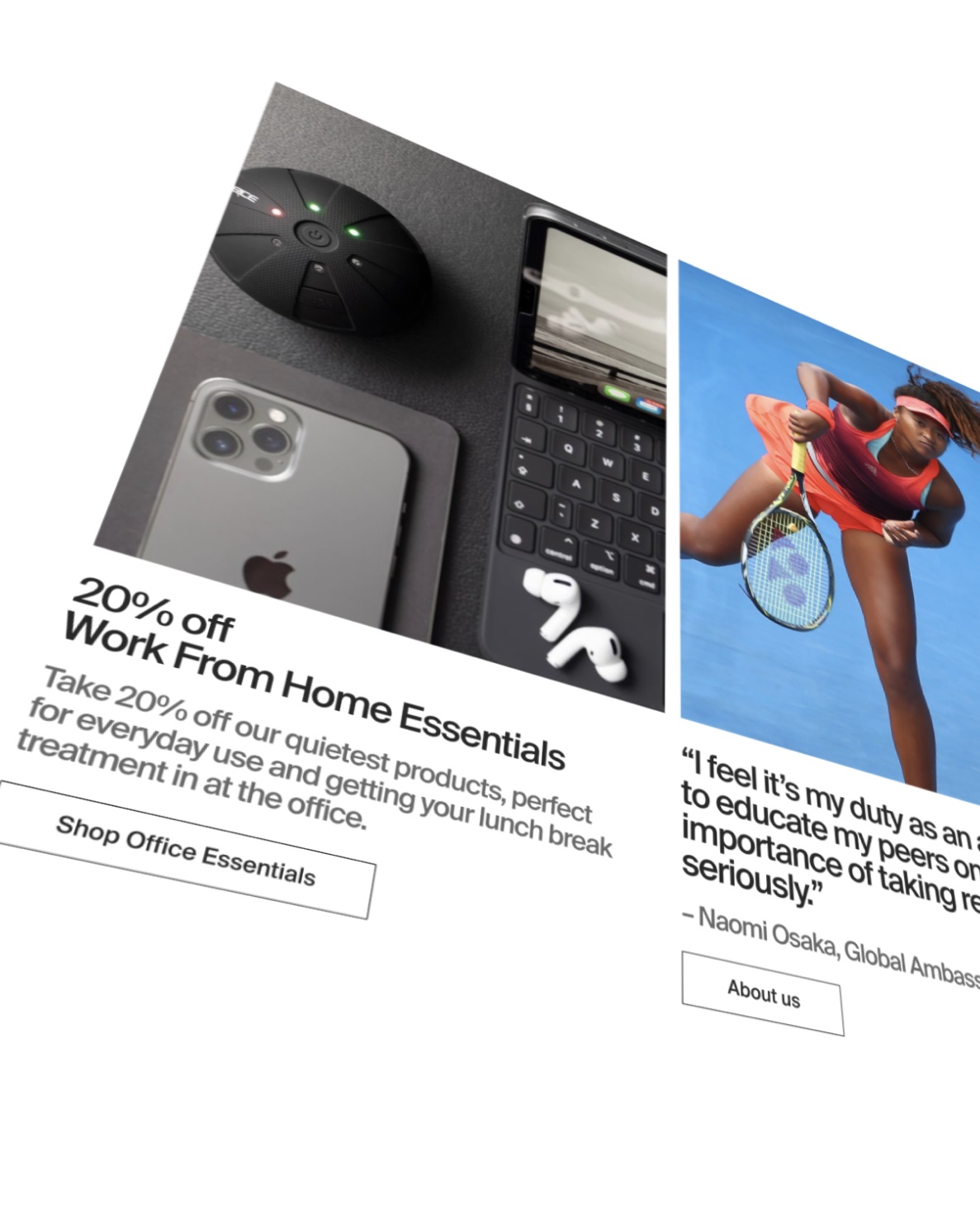 Hyperice web promos: 20% off Work From Home Essentials, and a Naomi Osaka quote as Global Ambassador