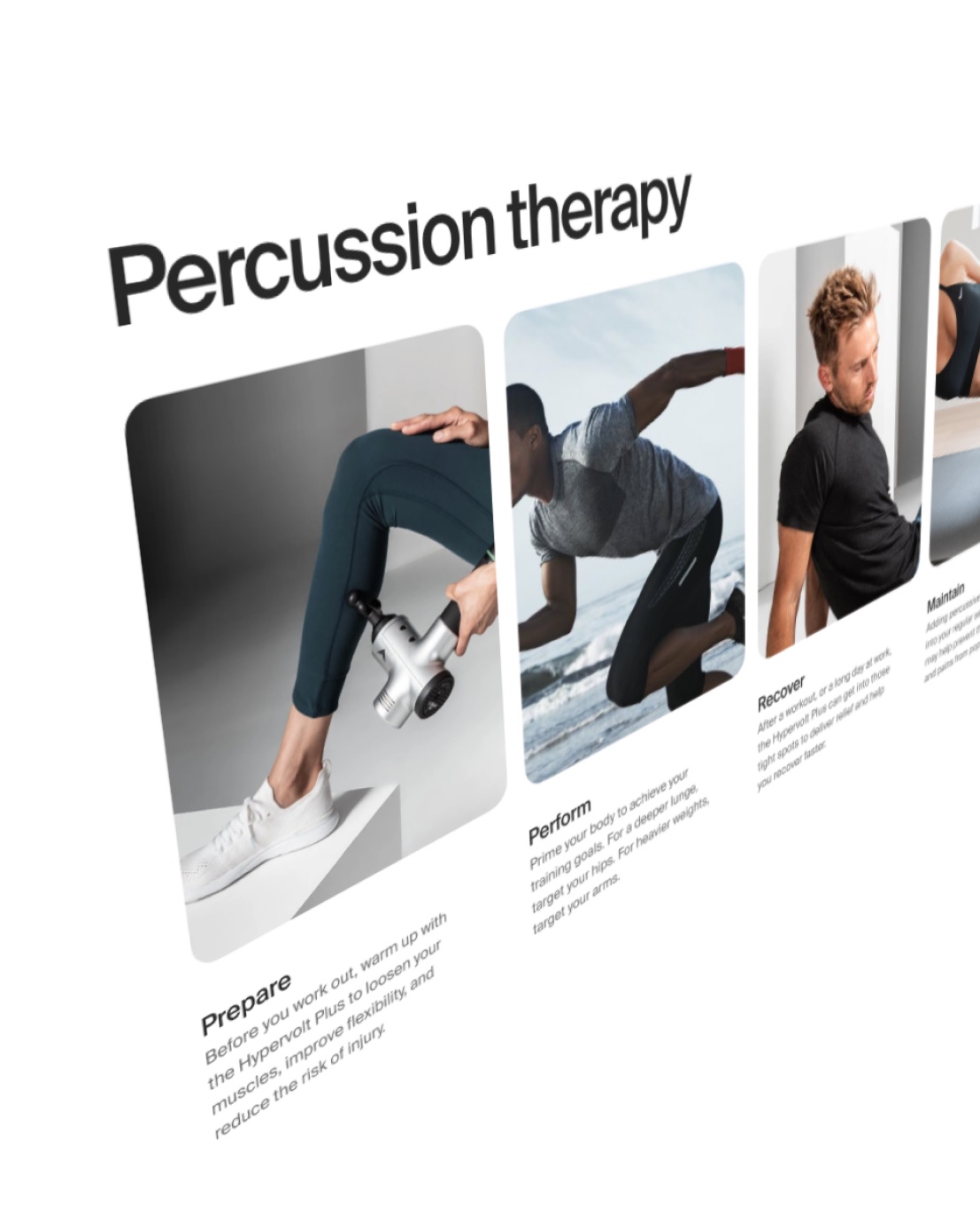 Hyperice Percussion therapy page with cards for Prepare, Perform, Recover and Maintain