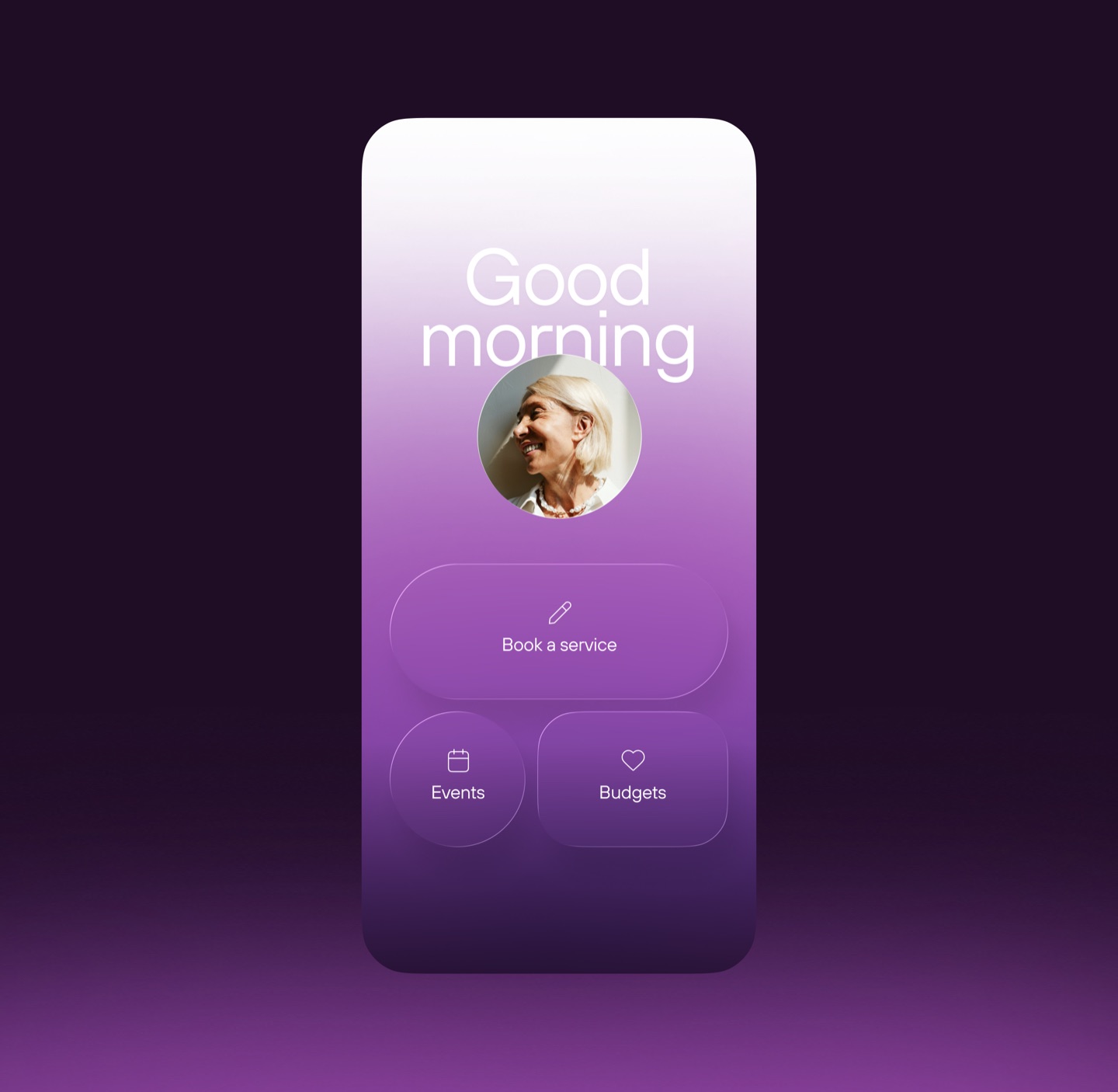 Kismet app home screen on purple: Good morning, with a portrait and buttons for Book a service, Events and Budgets