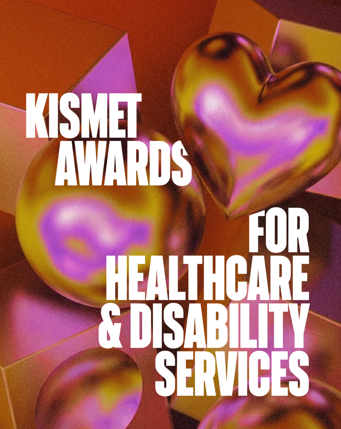 Kismet Awards for Healthcare & Disability Services poster with glossy gold and purple hearts