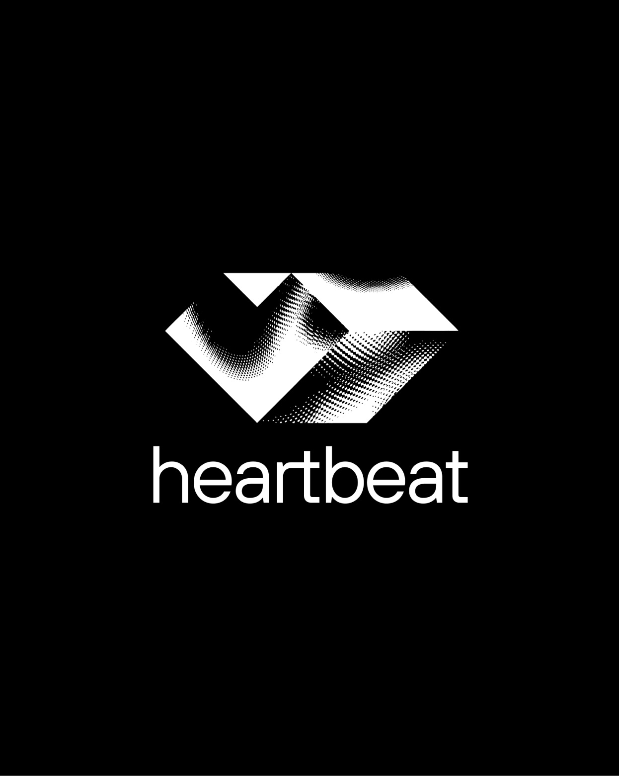 Alternative heartbeat logo in white on black: a halftone heart shape above the word heartbeat