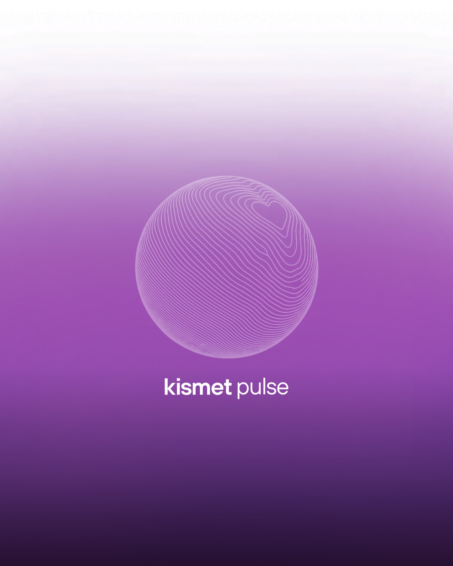 Kismet Pulse logo: a white contour-line sphere with a heart, on a purple gradient