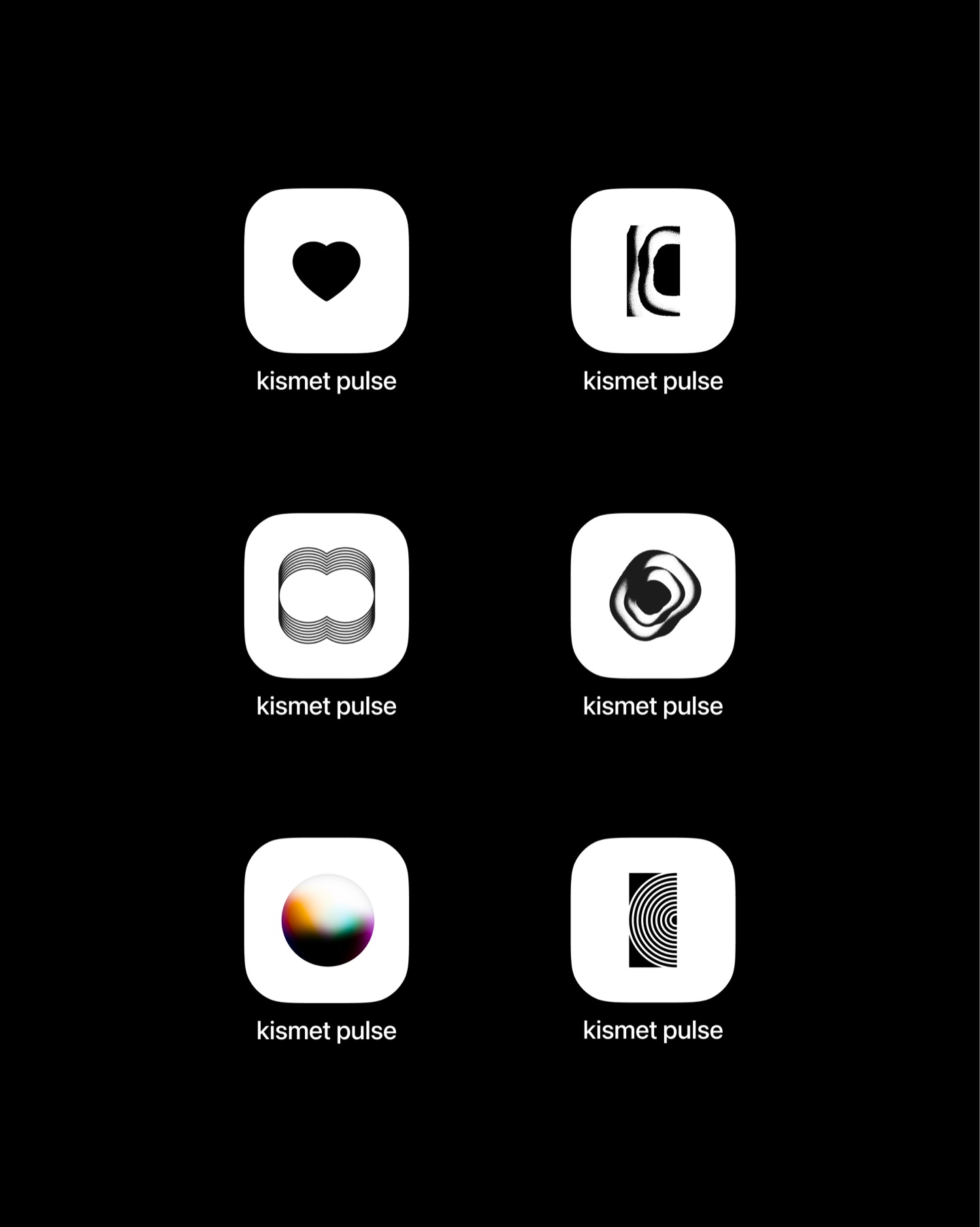 Six Kismet Pulse app icon options in black and white, from a simple heart to abstract wave marks