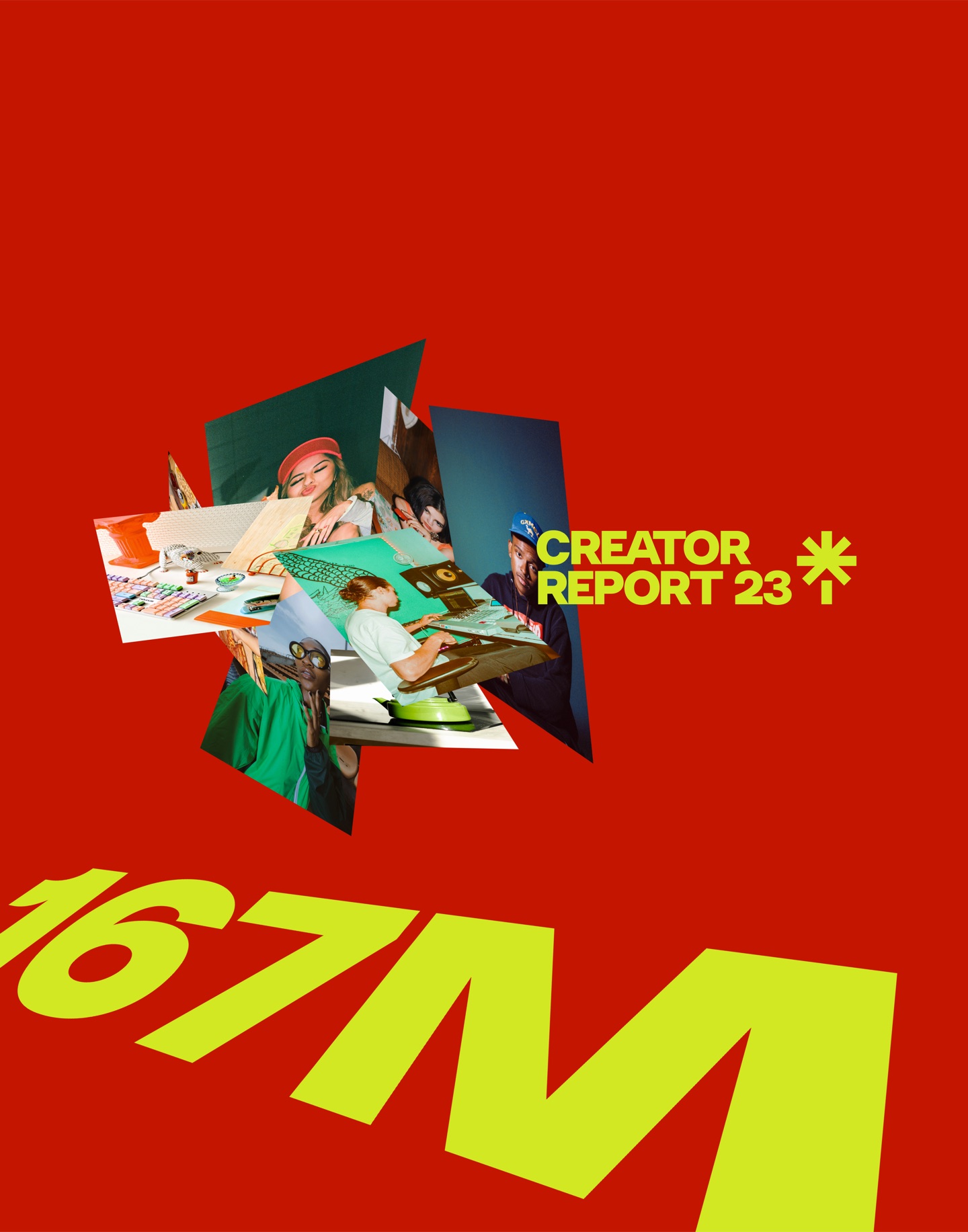 Linktree Creator Report 23 cover on red: a burst of creator photos above a huge lime 167M