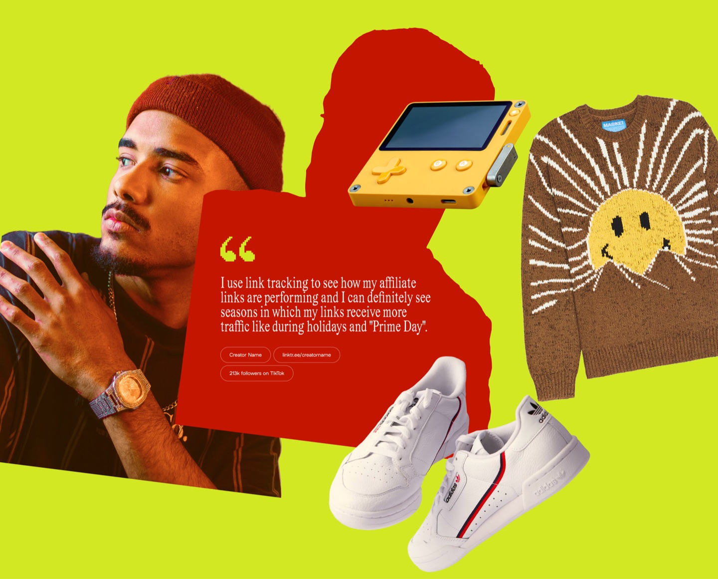 Linktree collage on lime: a creator's quote about affiliate link tracking beside sneakers, a sweater and a game console