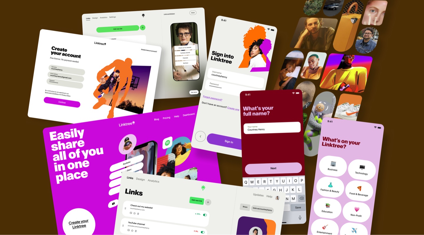 Spread of Linktree website and app screens: sign-up, sign-in, link editing and the Easily share all of you homepage