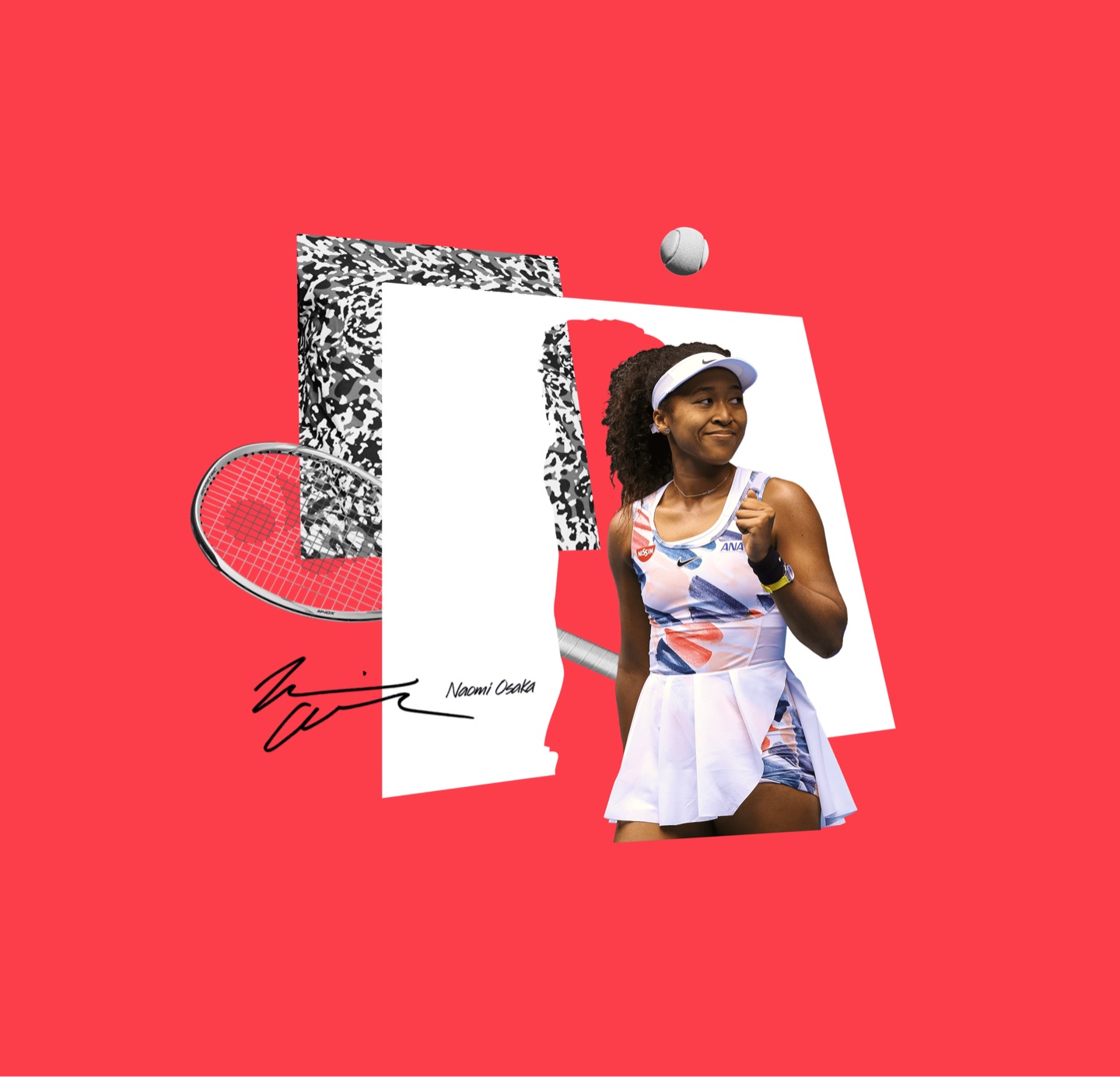 Linktree collage on red: Naomi Osaka celebrating in tennis whites beside her racket, a ball and her signature