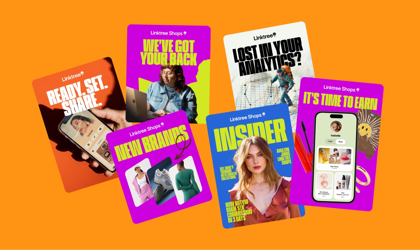 Six Linktree Shops social posts on orange, with headlines like Ready. Set. Share., Insider and It's time to earn