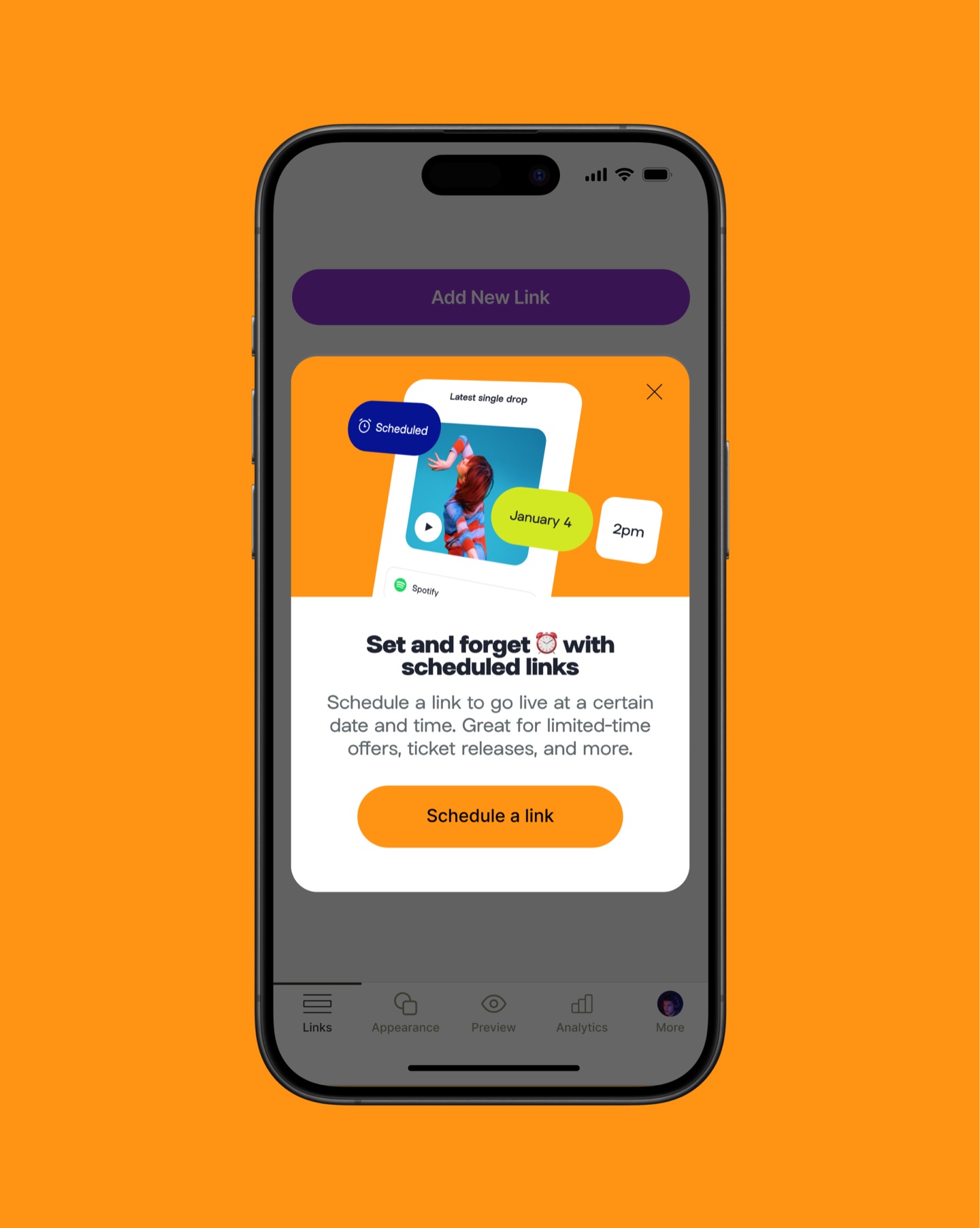 Phone showing a Linktree app prompt: Set and forget with scheduled links, with a Schedule a link button, on orange
