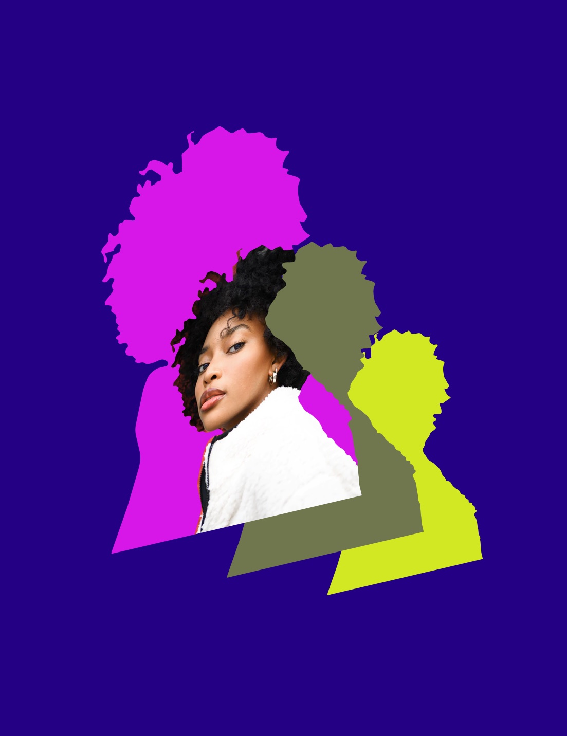 Linktree collage on navy: a woman's portrait over magenta, olive and lime silhouettes of her profile