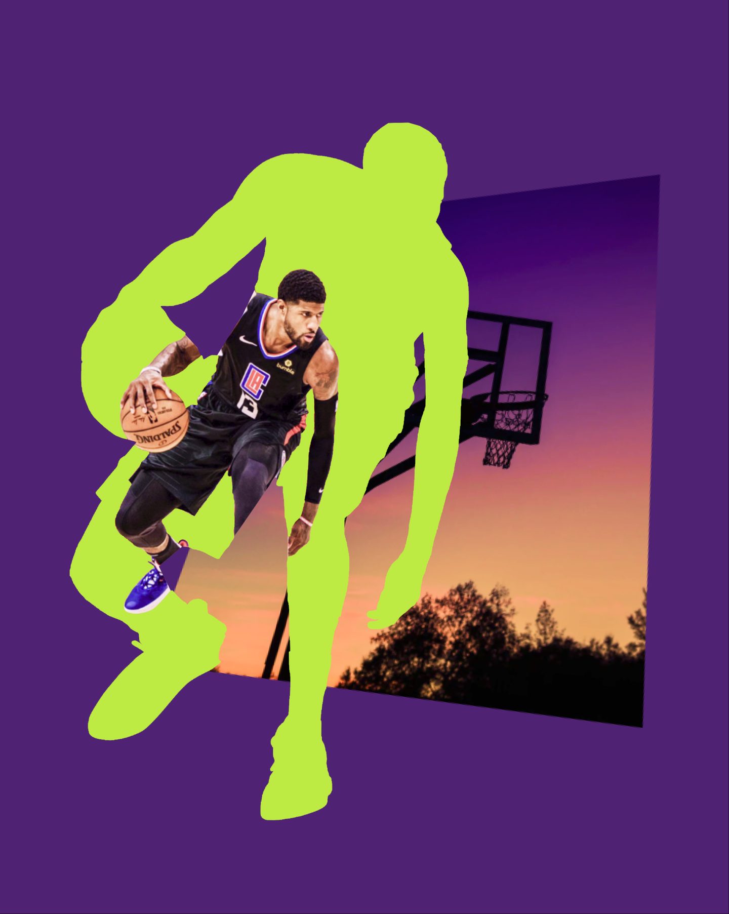 Linktree collage: a basketball player dribbling over a lime silhouette and a sunset hoop, on purple