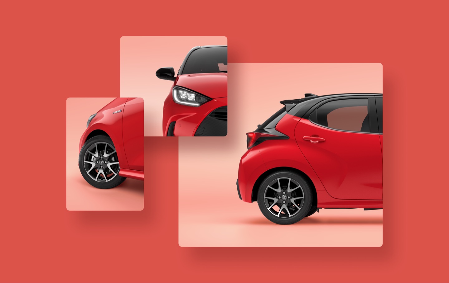 Close-up crops of a red Toyota Yaris hatchback: wheel, headlight and rear, on a coral background