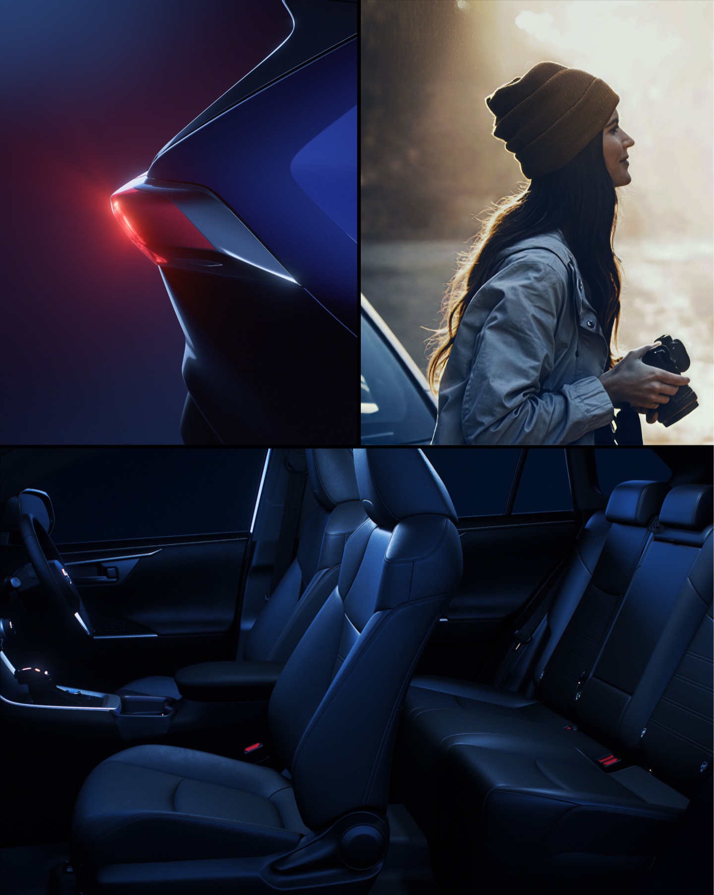 Toyota RAV4 launch imagery: a glowing tail light, a woman holding a camera outdoors, and the leather interior