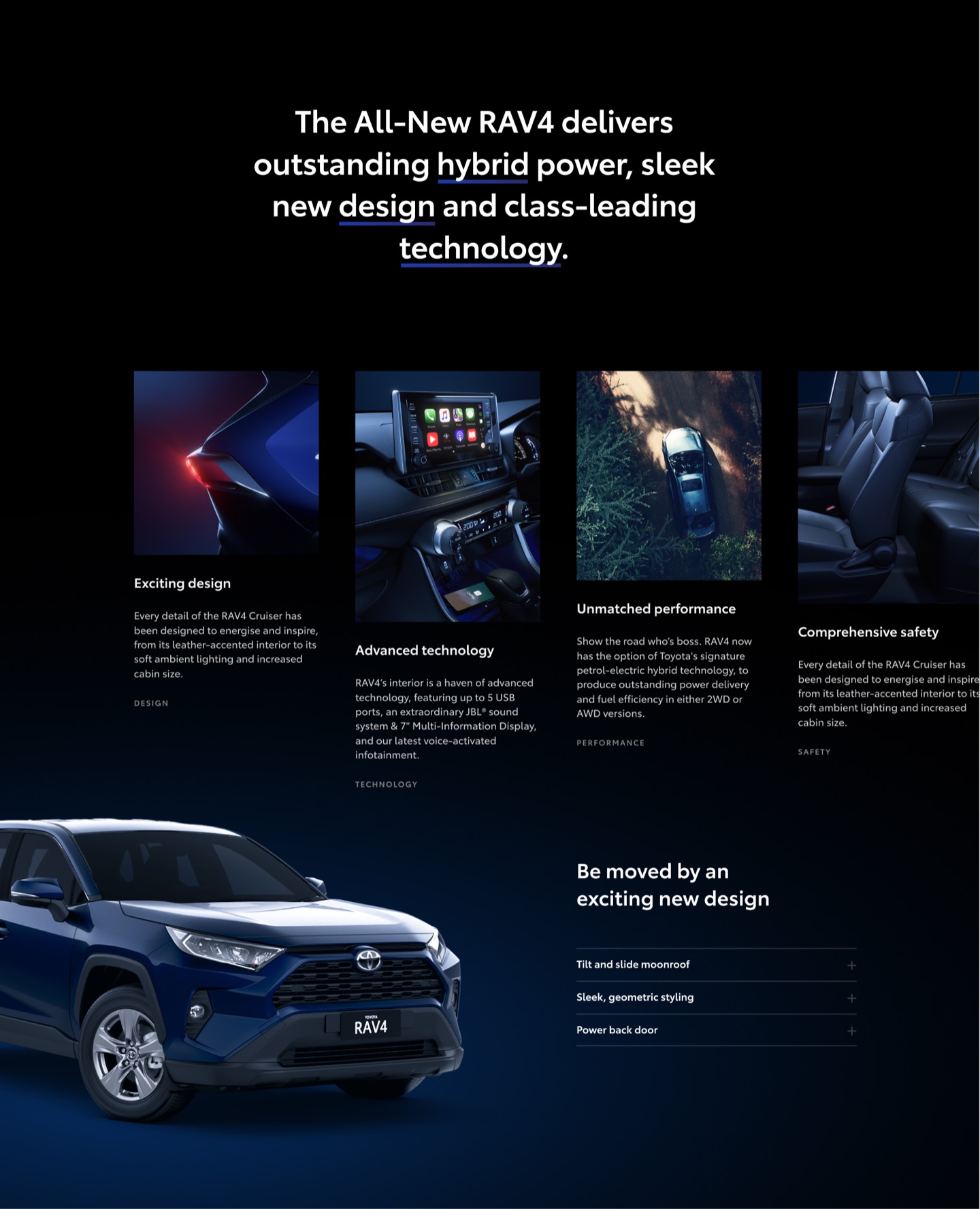 Toyota RAV4 page: hybrid power, sleek design and technology, with feature cards for design, technology, performance, safety