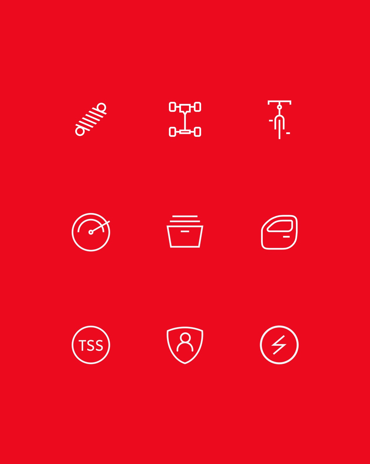 Nine white line icons on Toyota red for vehicle features, including suspension, drivetrain, speed, safety and TSS