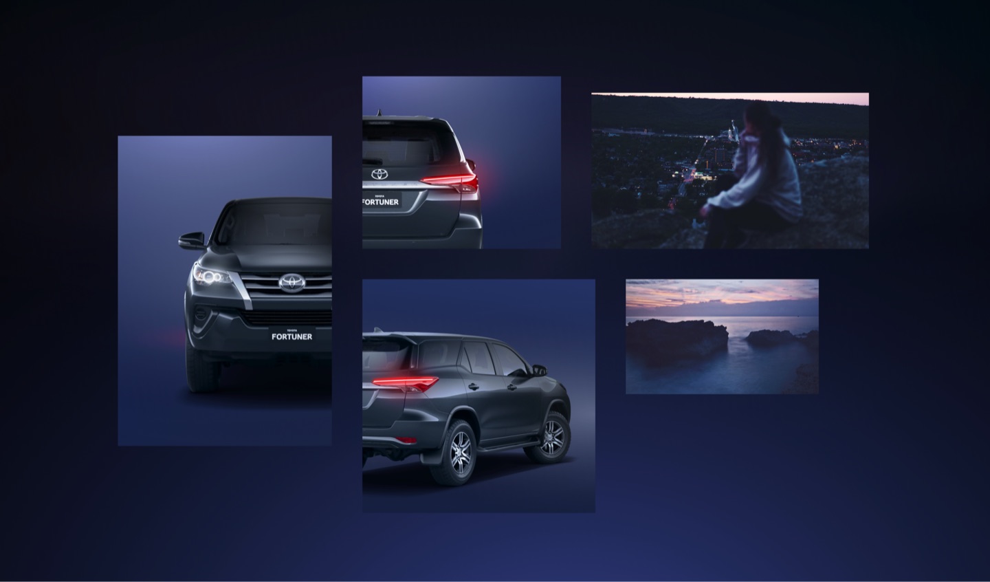 Toyota Fortuner launch imagery: the SUV from front, rear and side, with a person at a dusk lookout and a coastline