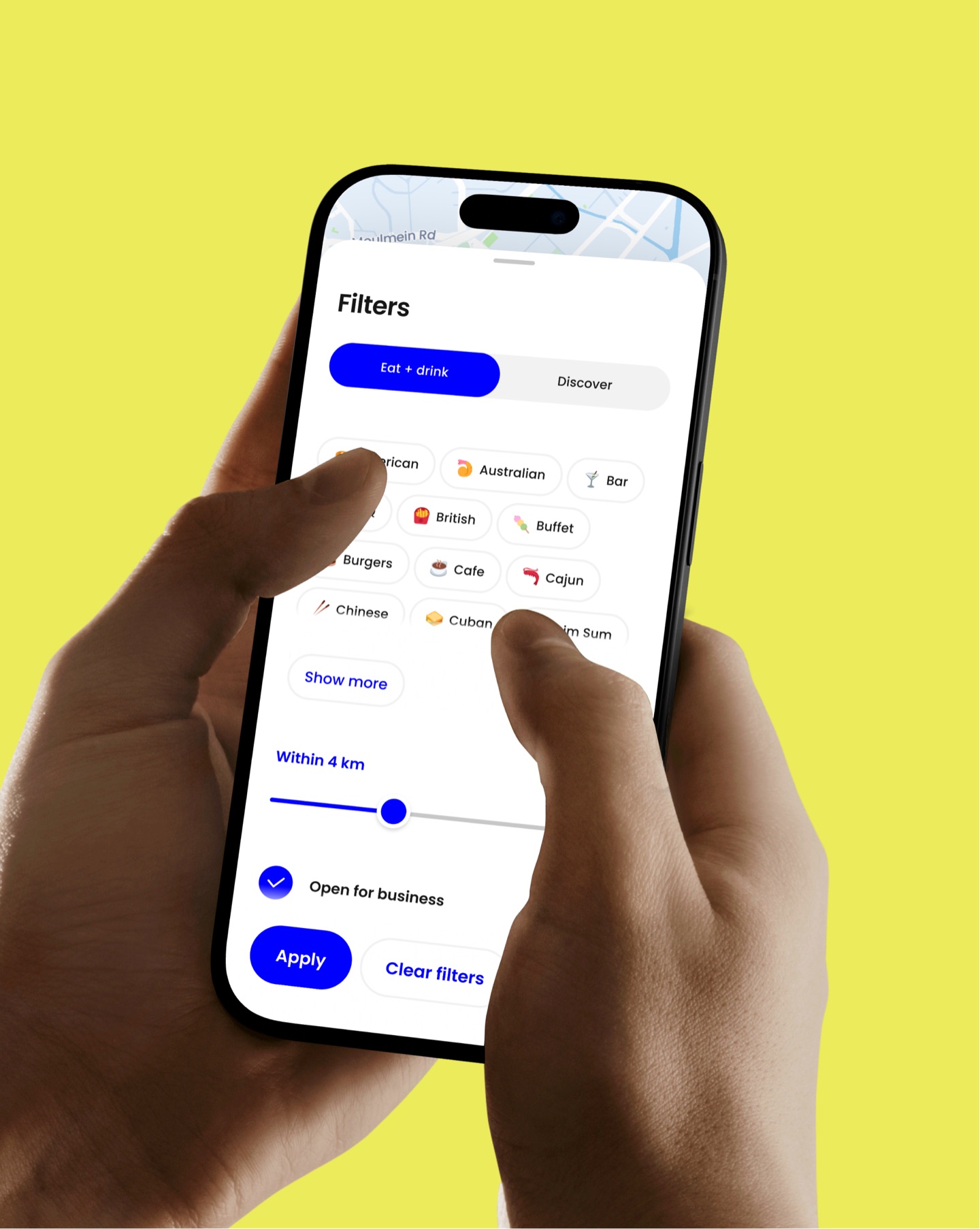 Hands using the Zig app's food filters: cuisines, a 4 km radius and Open for business