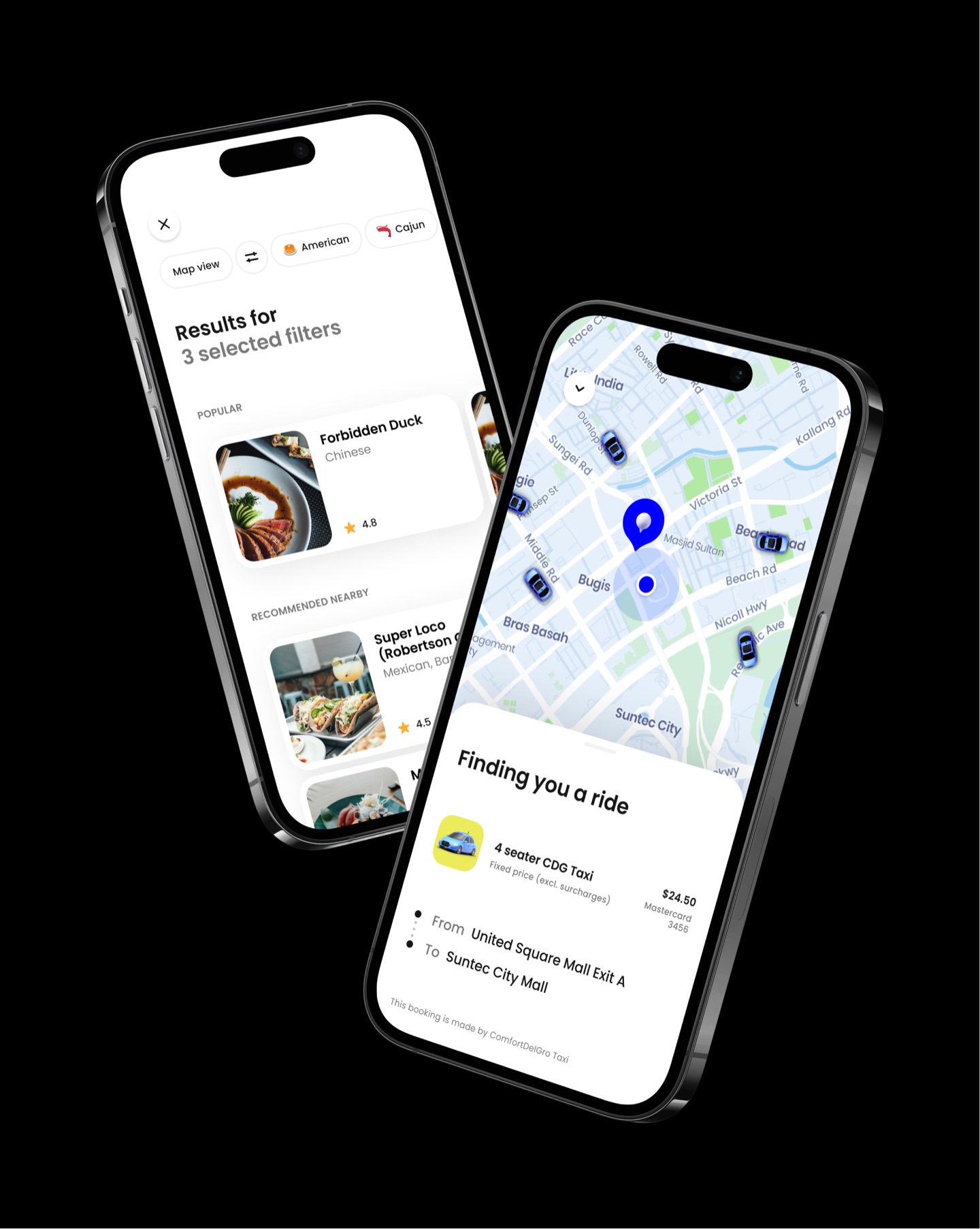 Two phones showing Zig restaurant results and Finding you a ride, booking a CDG taxi across Singapore
