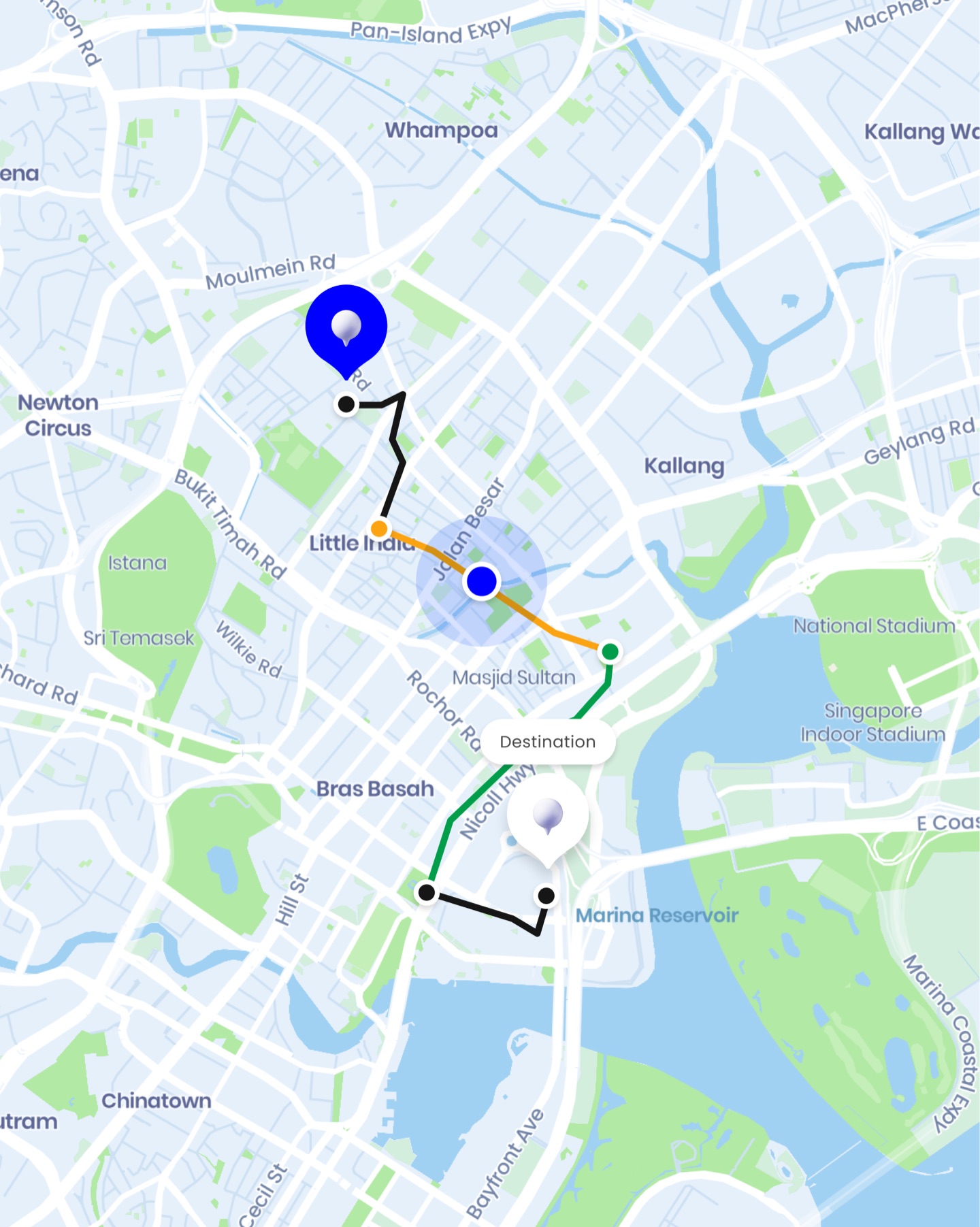 Zig map of central Singapore showing a multi-step route from Little India to a destination by Marina Reservoir