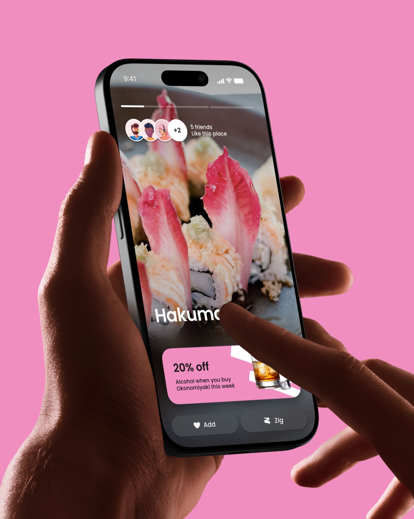 Hand holding a phone with a Zig restaurant story: a sushi dish, 5 friends like this place and a 20% off deal
