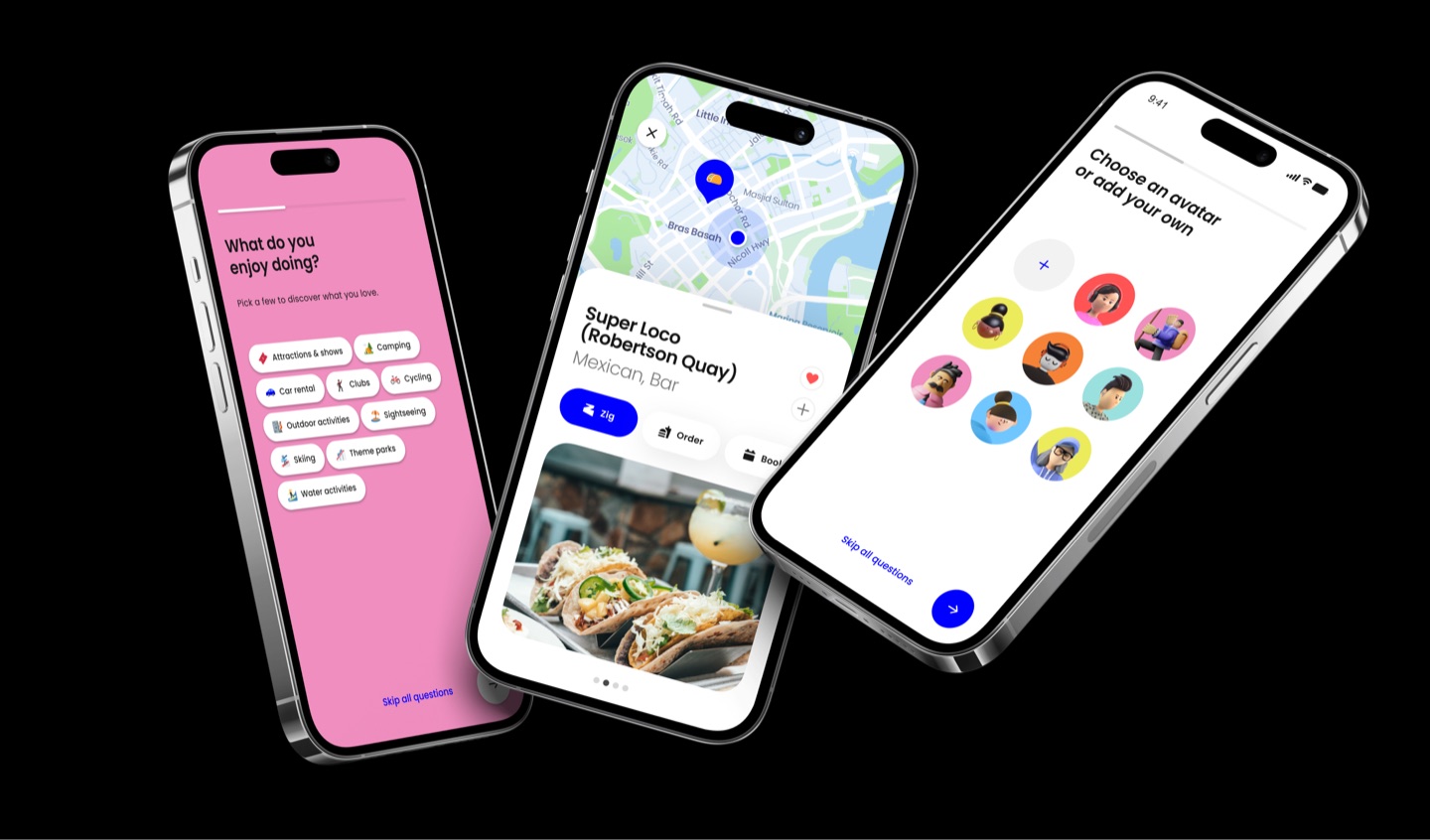 Three Zig onboarding screens: choosing interests, a restaurant listing with a Zig button, and picking an avatar
