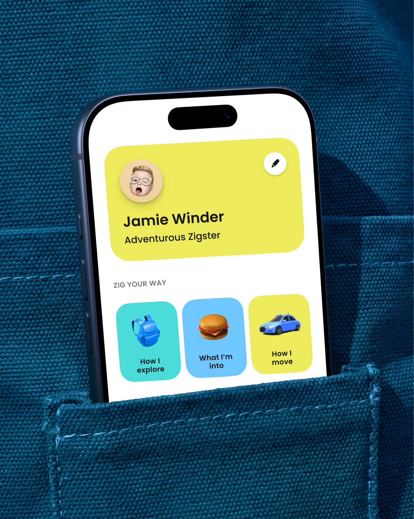 Phone in a denim pocket showing a Zig profile, Adventurous Zigster, with How I explore, What I'm into, How I move