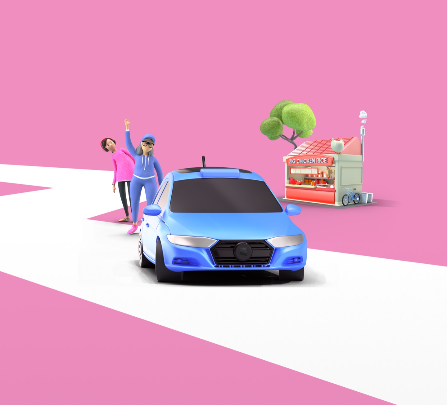 Zig 3D illustration on pink: two people hailing a blue car on a Z-shaped road beside a Zig Chicken Rice stall