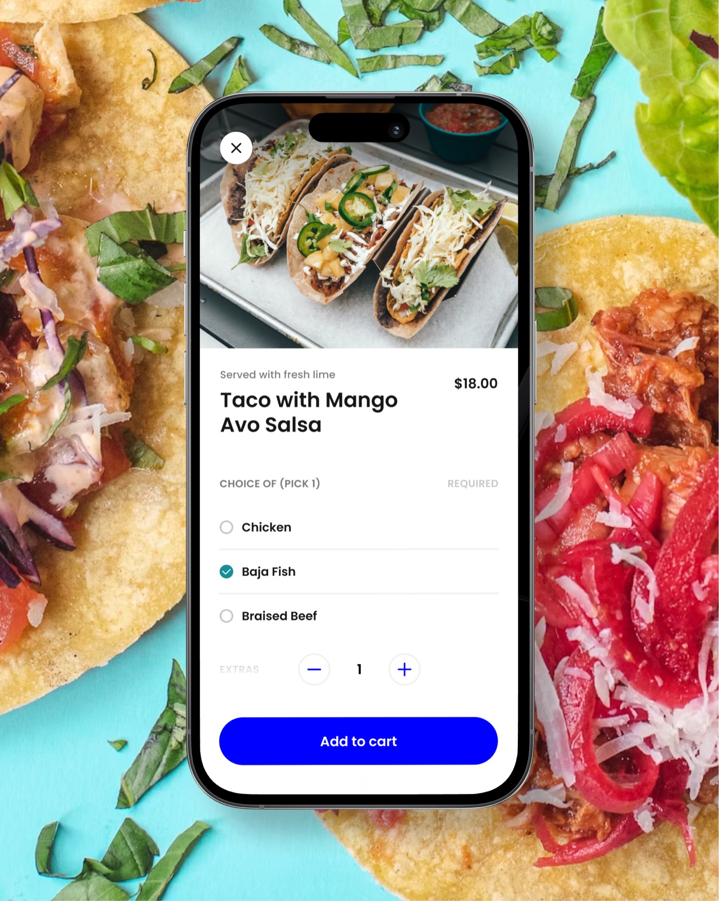 Phone showing a Zig food order: Taco with Mango Avo Salsa, $18, choosing Baja Fish, over a spread of tacos