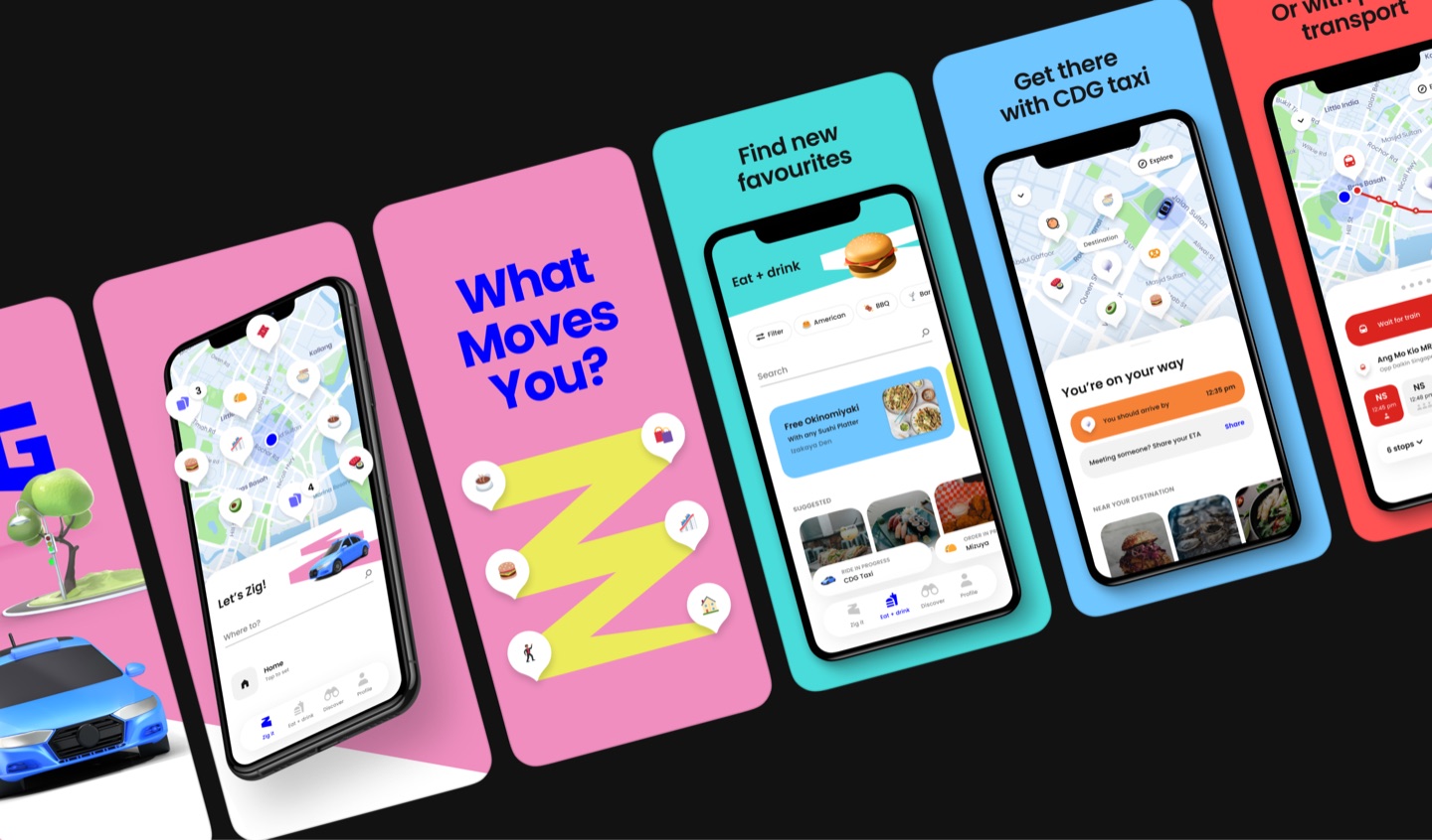Row of Zig app store screenshots: What Moves You?, Find new favourites, Get there with CDG taxi